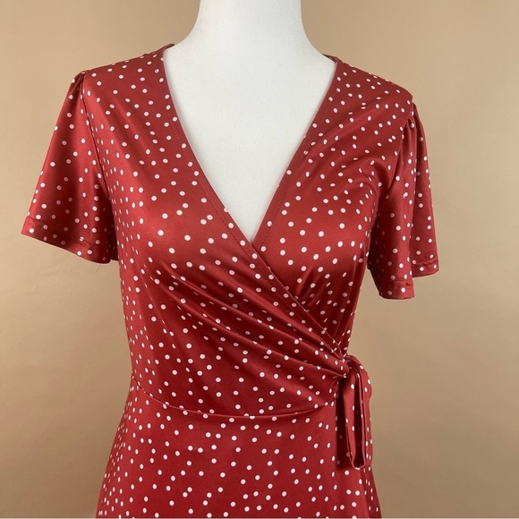 Retro Women's Small Polka Dot Ruffle Tie Wrap Flowy 50's V Neck Swing Dress - Picture 2 of 12